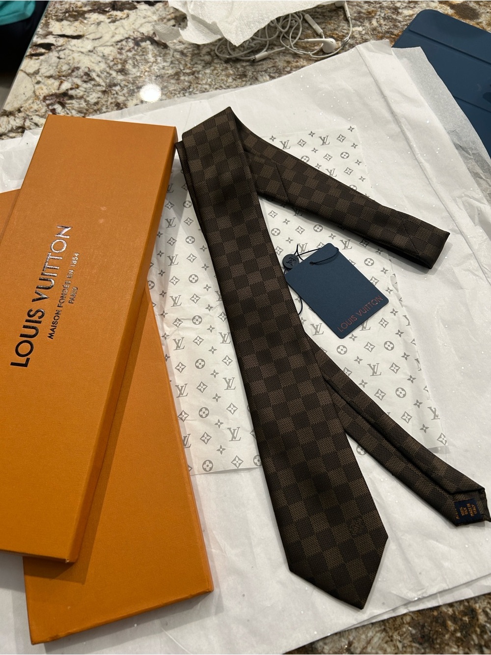 Louis Vuitton Brown Damier Check Silk Tie